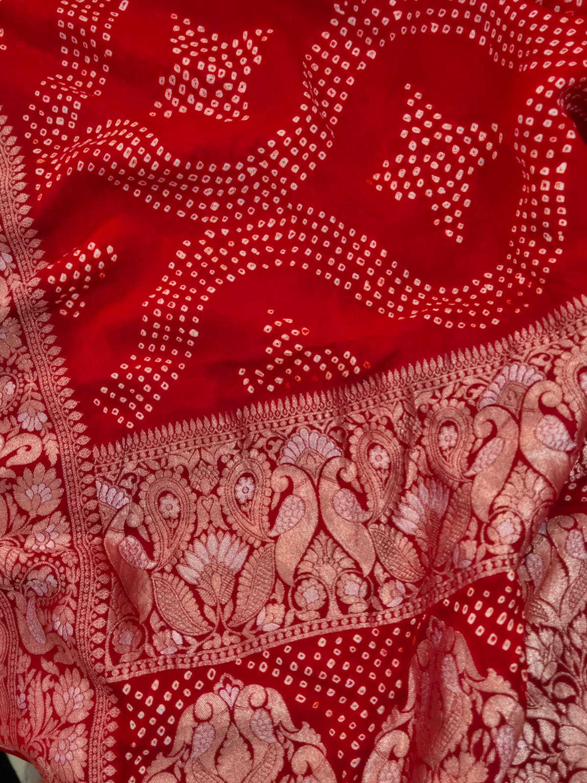 Red Very Exclusive Pure Banarsi Georgette Bandhani Dupatta with Beautiful Bird Theme Border
