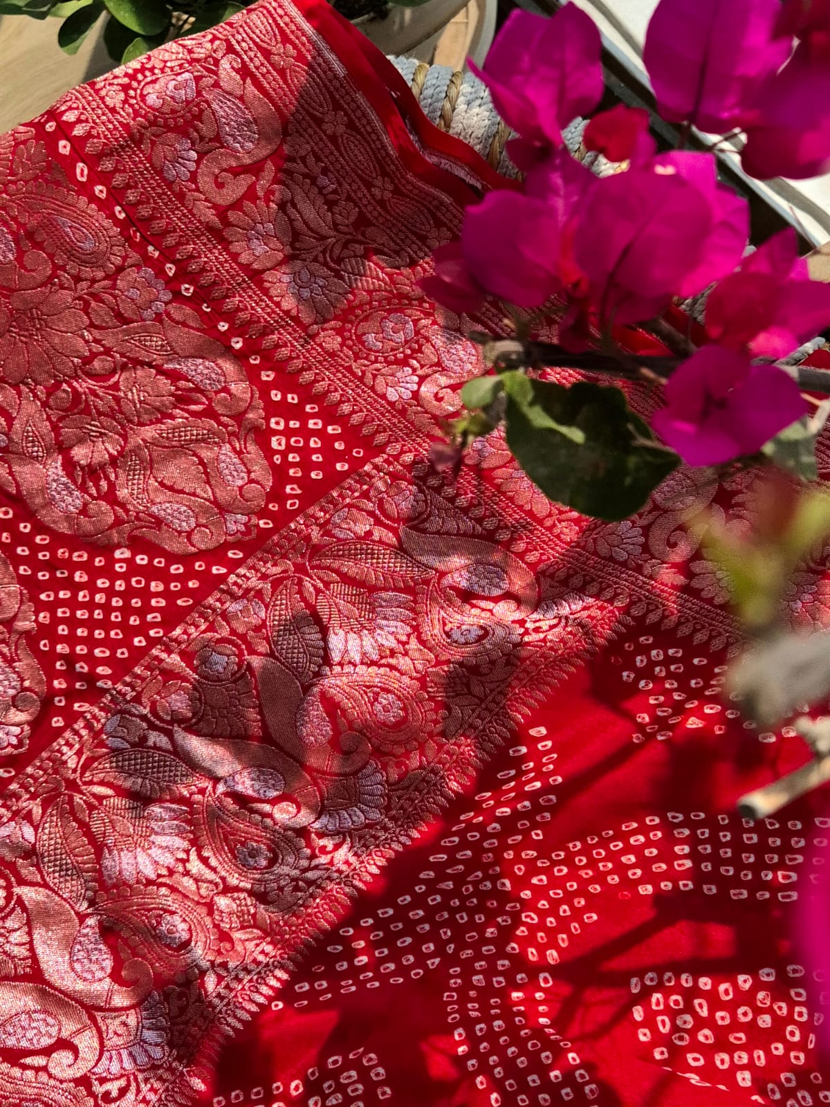 Red Very Exclusive Pure Banarsi Georgette Bandhani Dupatta with Beautiful Bird Theme Border