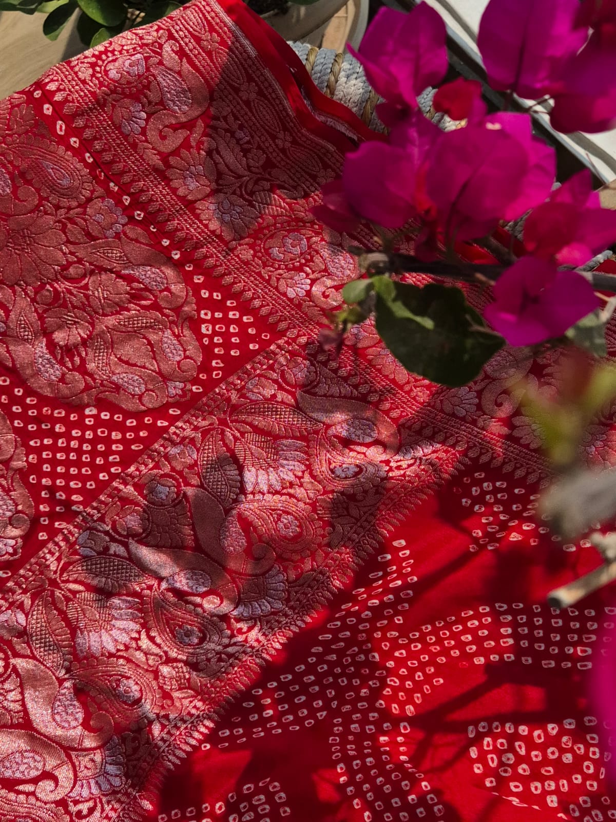 Red Very Exclusive Pure Banarsi Georgette Bandhani Dupatta with Beautiful Bird Theme Border