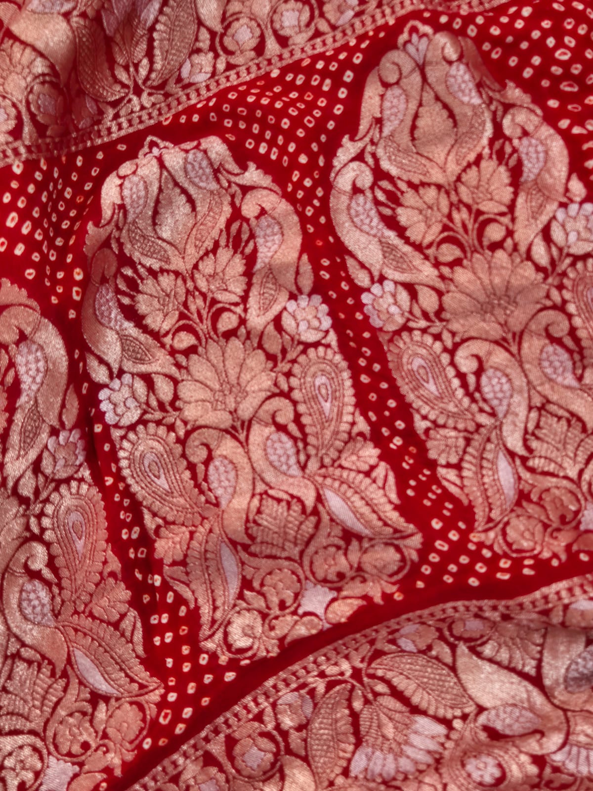 Red Very Exclusive Pure Banarsi Georgette Bandhani Dupatta with Beautiful Bird Theme Border