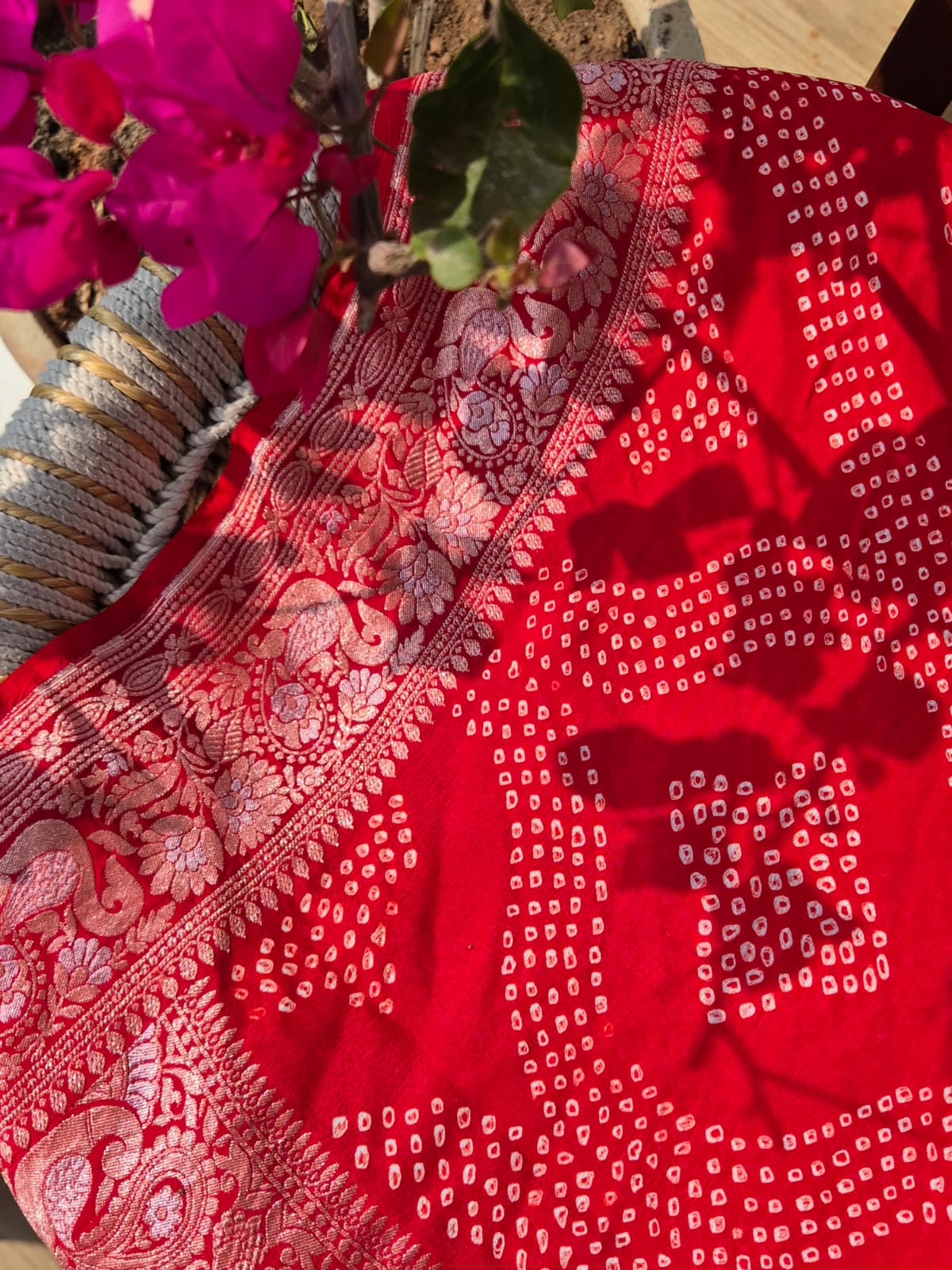 Red Very Exclusive Pure Banarsi Georgette Bandhani Dupatta with Beautiful Bird Theme Border