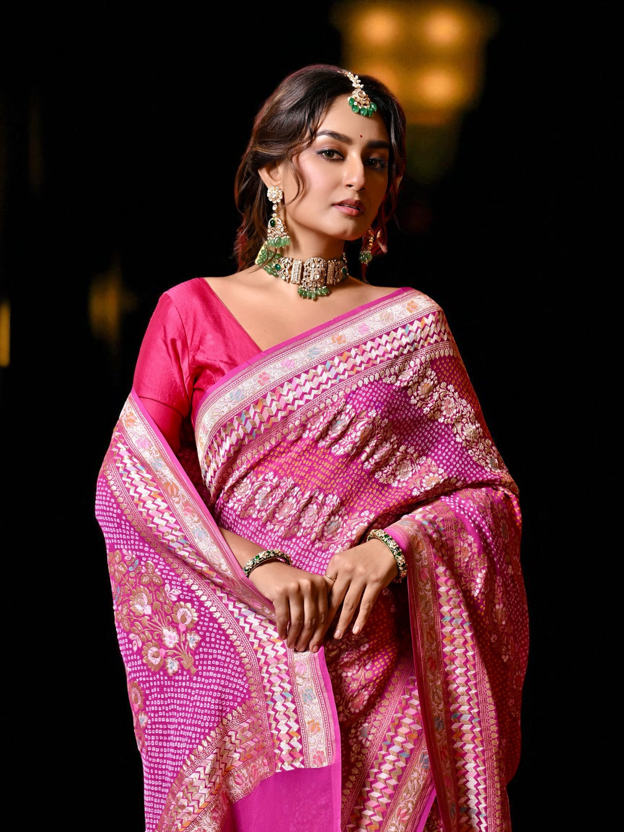 Floral Pink Exclusive Handloom Pure Banarsi Georgette Bandhani Saree