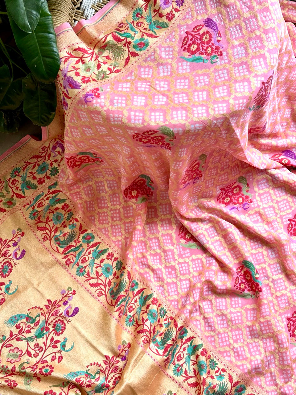 exclusive-pink-floral-banarasi-georgette-bandhani-saree