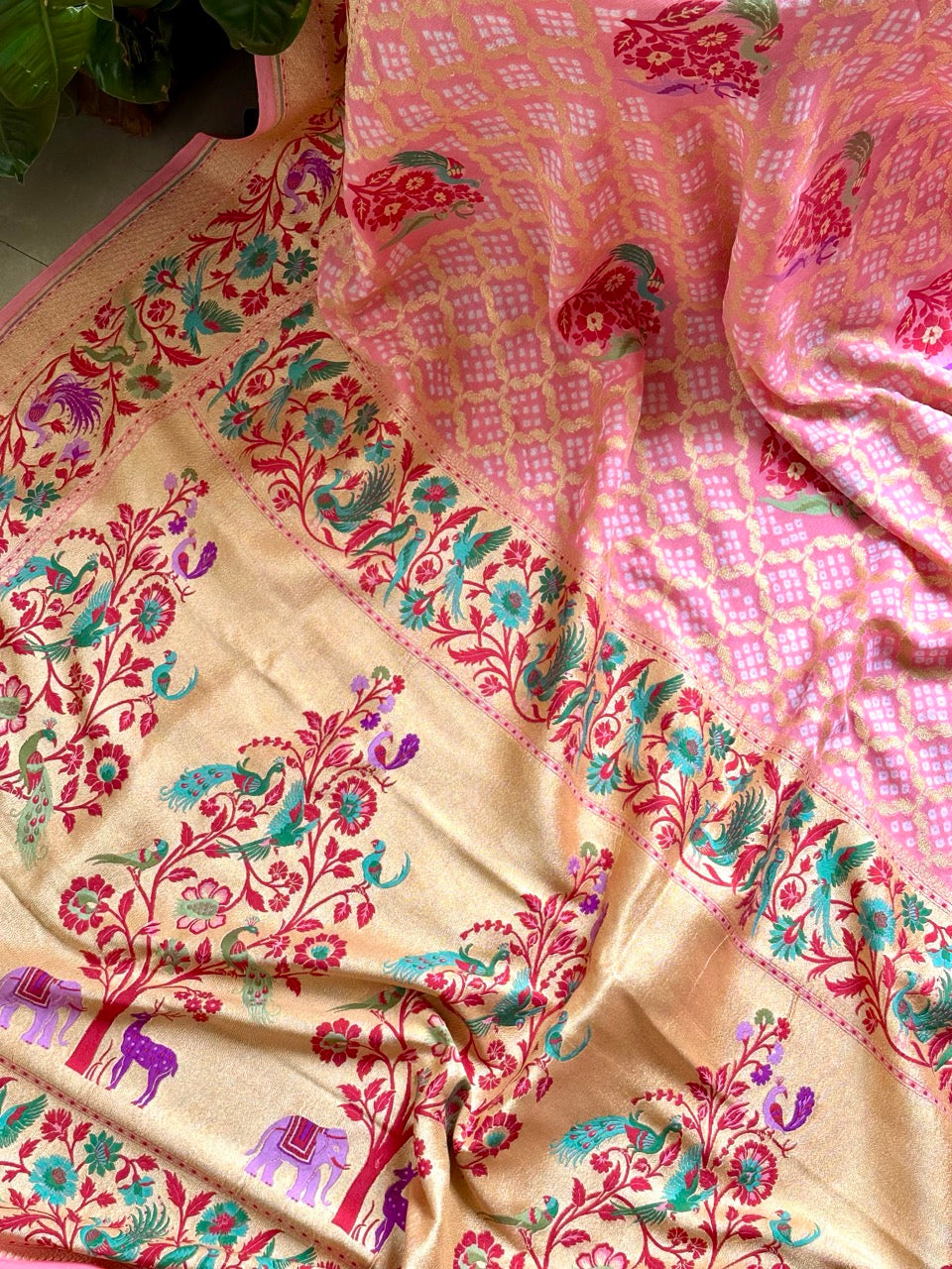 exclusive-pink-floral-banarasi-georgette-bandhani-saree