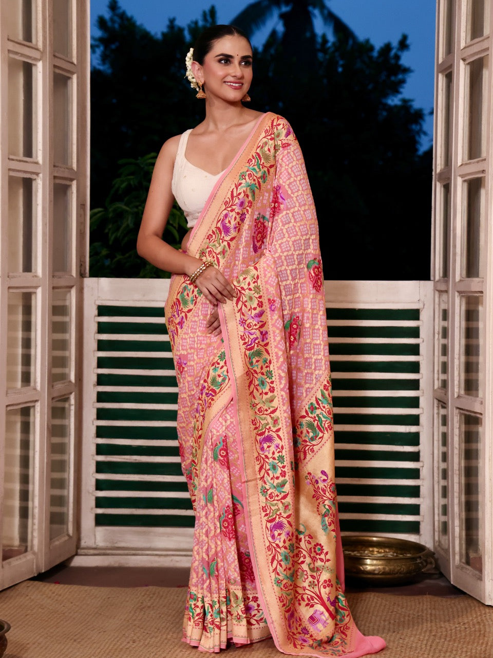 exclusive-pink-floral-banarasi-georgette-bandhani-saree