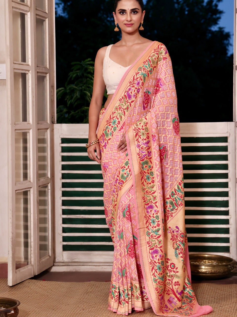 exclusive-pink-floral-banarasi-georgette-bandhani-saree