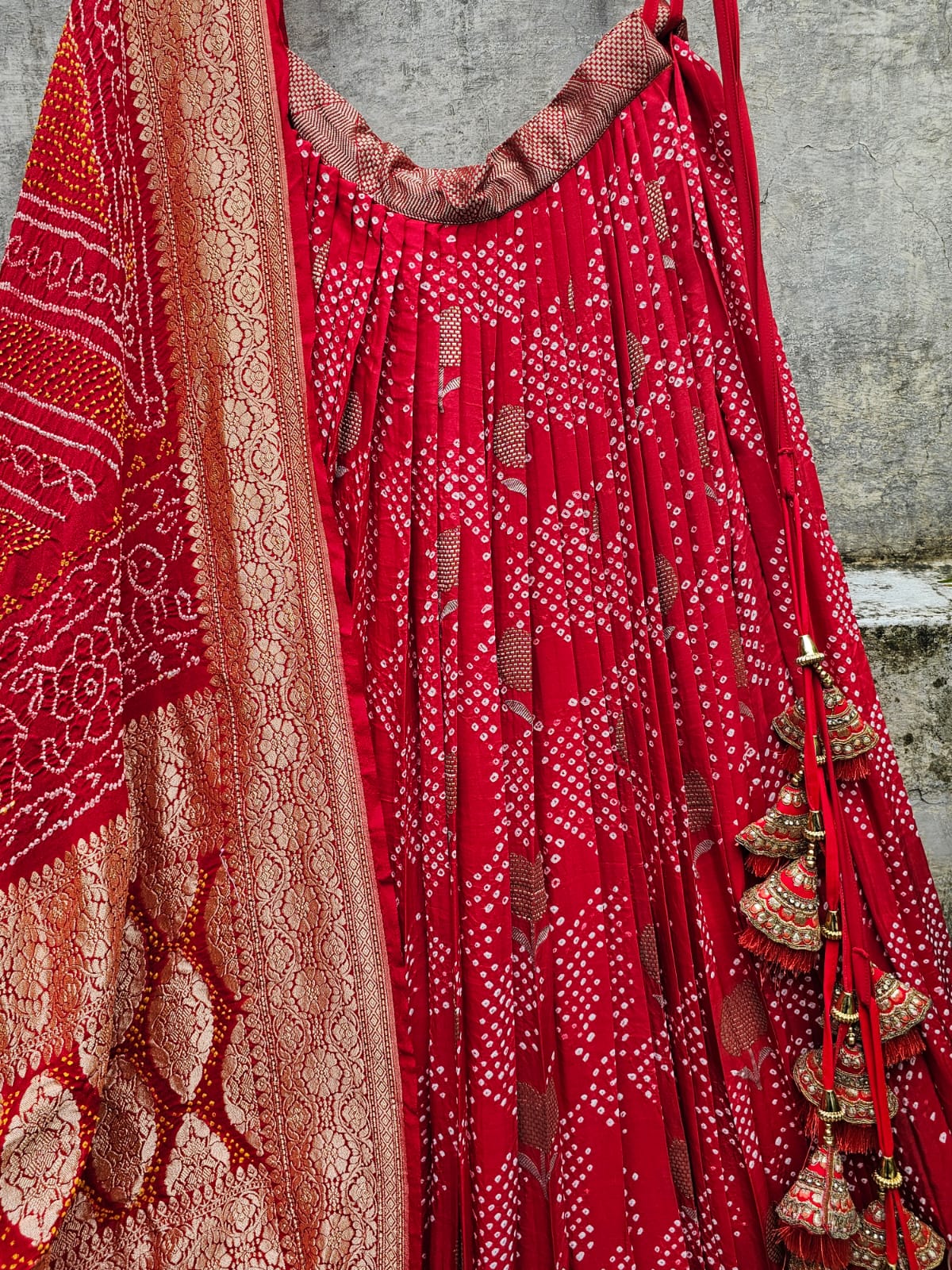 exclusive-red-banarasi-silk-bandhani-lehenga-with-pure-banarasi-georgette-dupatta