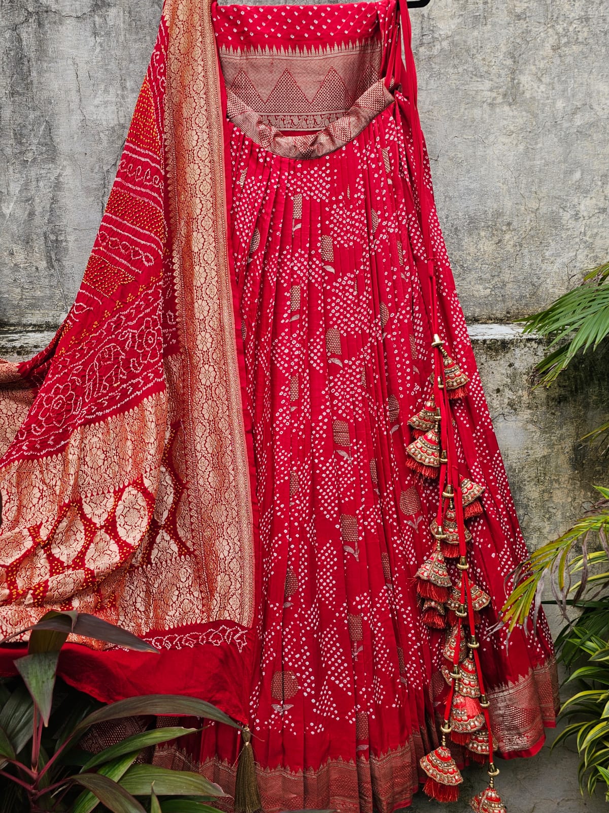 exclusive-red-banarasi-silk-bandhani-lehenga-with-pure-banarasi-georgette-dupatta