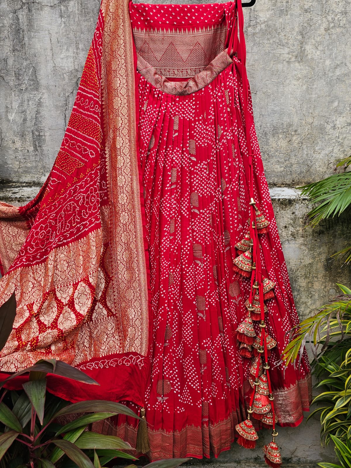 exclusive-red-banarasi-silk-bandhani-lehenga-with-pure-banarasi-georgette-dupatta