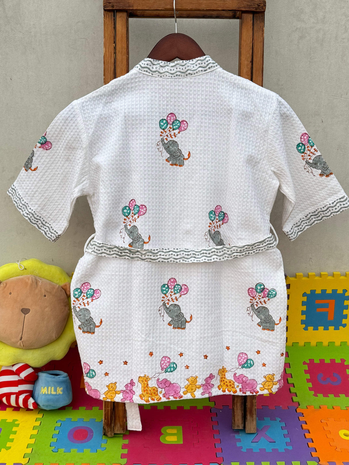 soft breathable cotton waffle bathrobes for kids elephant print handmade by Jaipur artisans