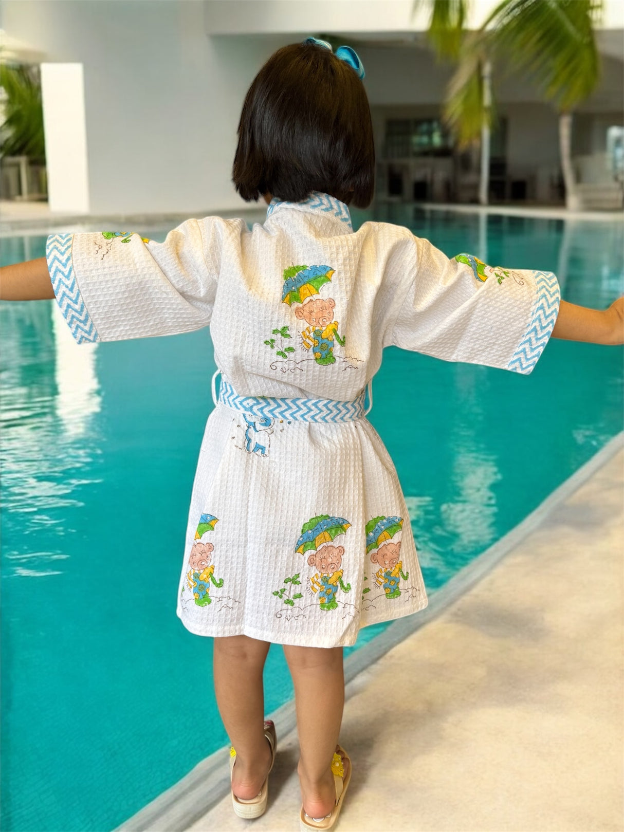 soft cotton kids bathrobes with teddy bear elephant print handblock printed by Jaipur artisans