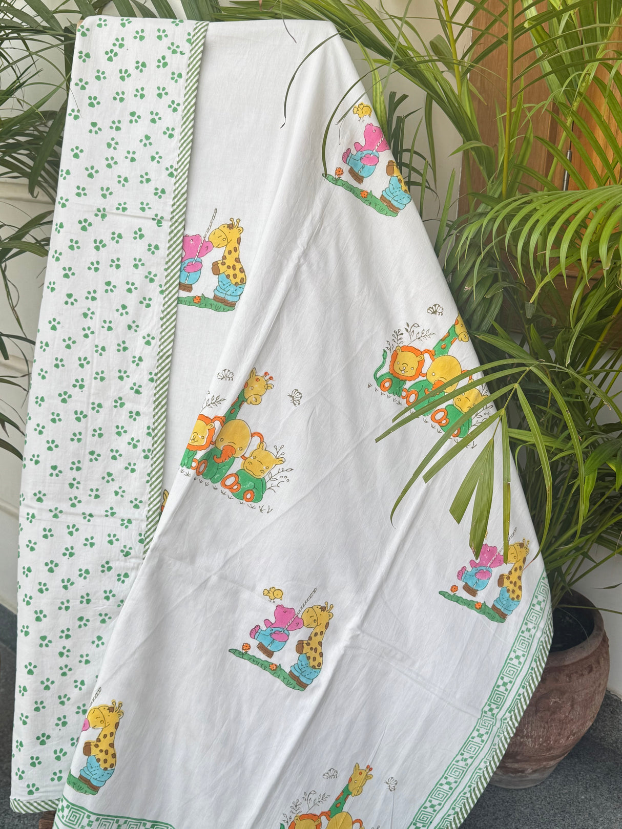 premium mulmul cotton baby dohar with flannel inner reversible hand block printed