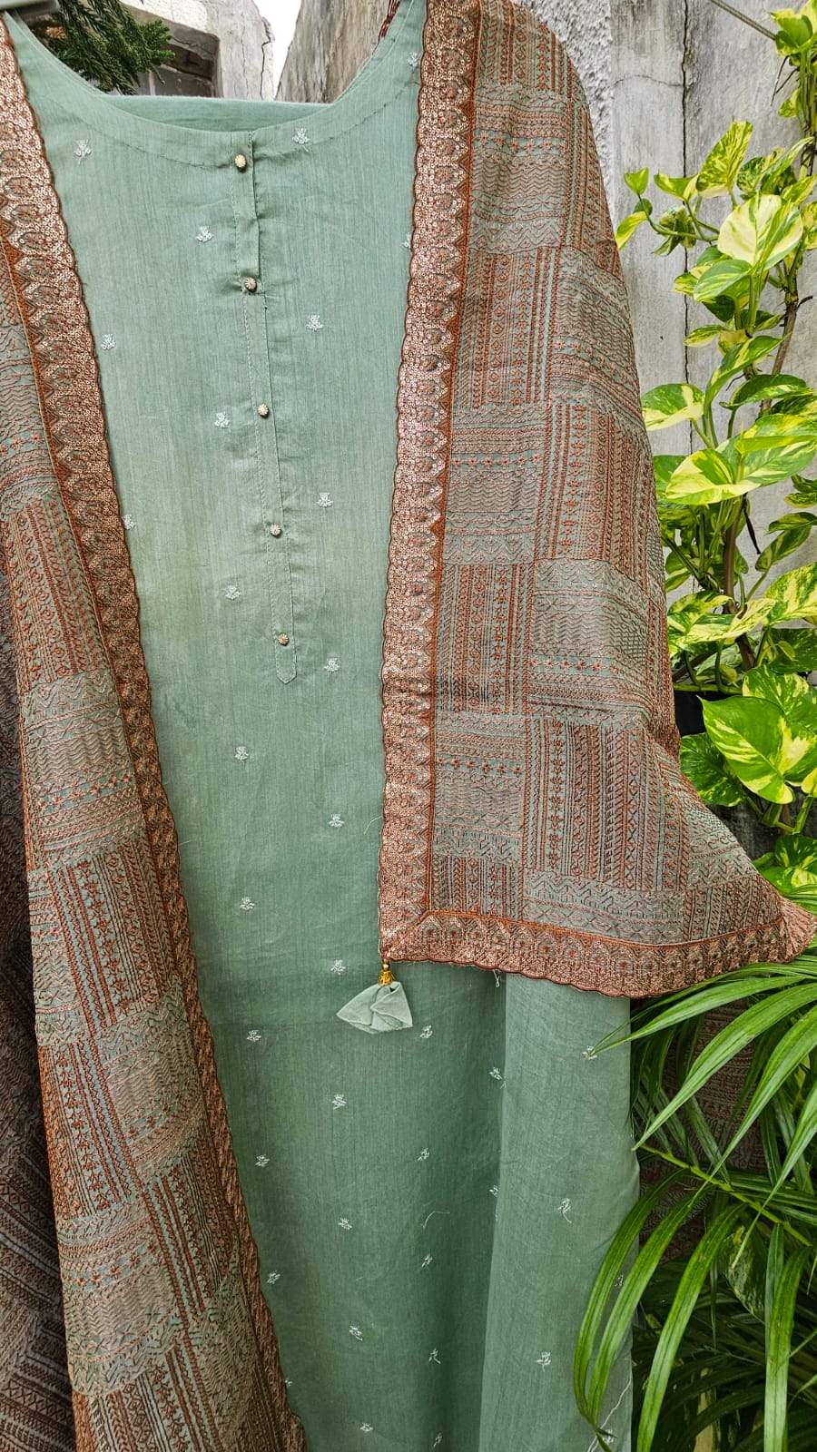 Lovely Green 3-pc Chanderi Mulmul Semi Stitched Suit Set