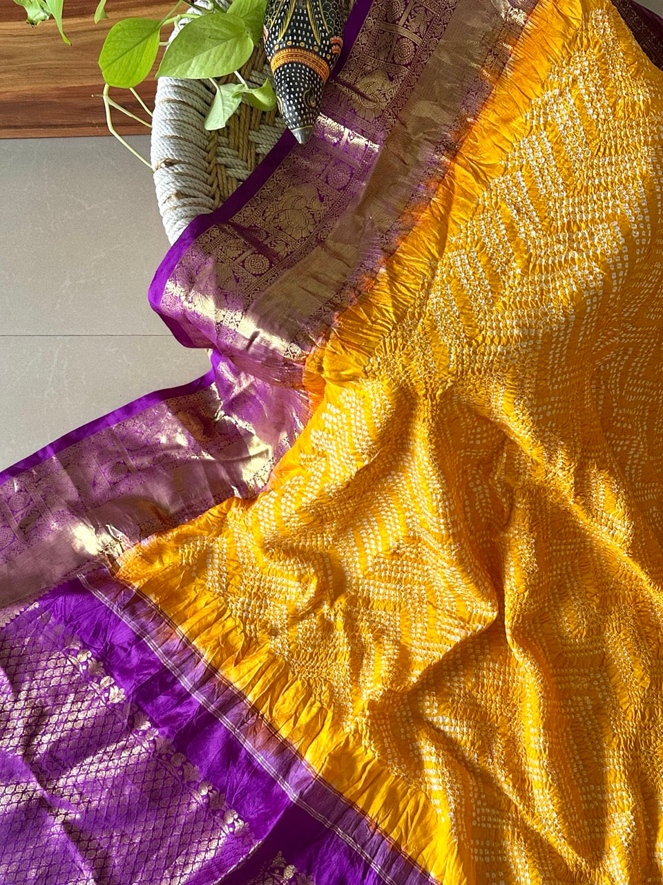 Festive Radiance - Mango Yellow and Purple Border Kanjivaram Silk Bandhani Dupatta