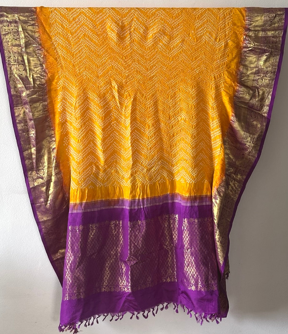 Festive Radiance - Mango Yellow and Purple Border Kanjivaram Silk Bandhani Dupatta