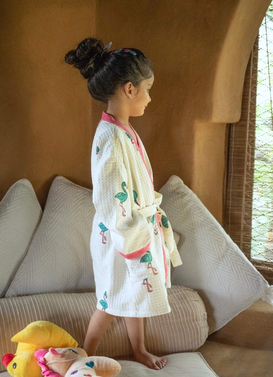 girls turquoise cotton waffle bathrobes handblock printed made in Jaipur available in Switzerland
