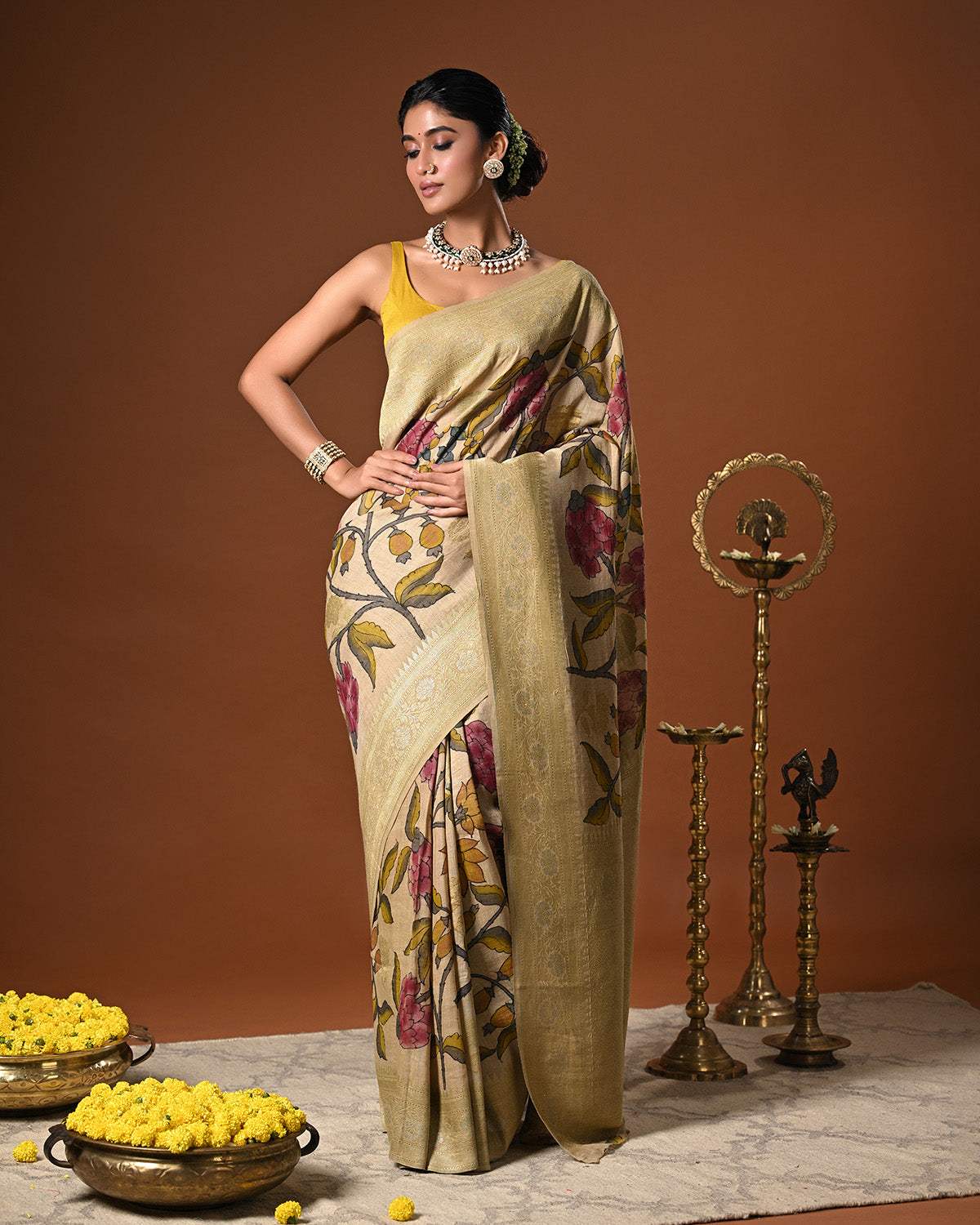 floral-banarsee-munga-silk-kalamkari-saree-front-view