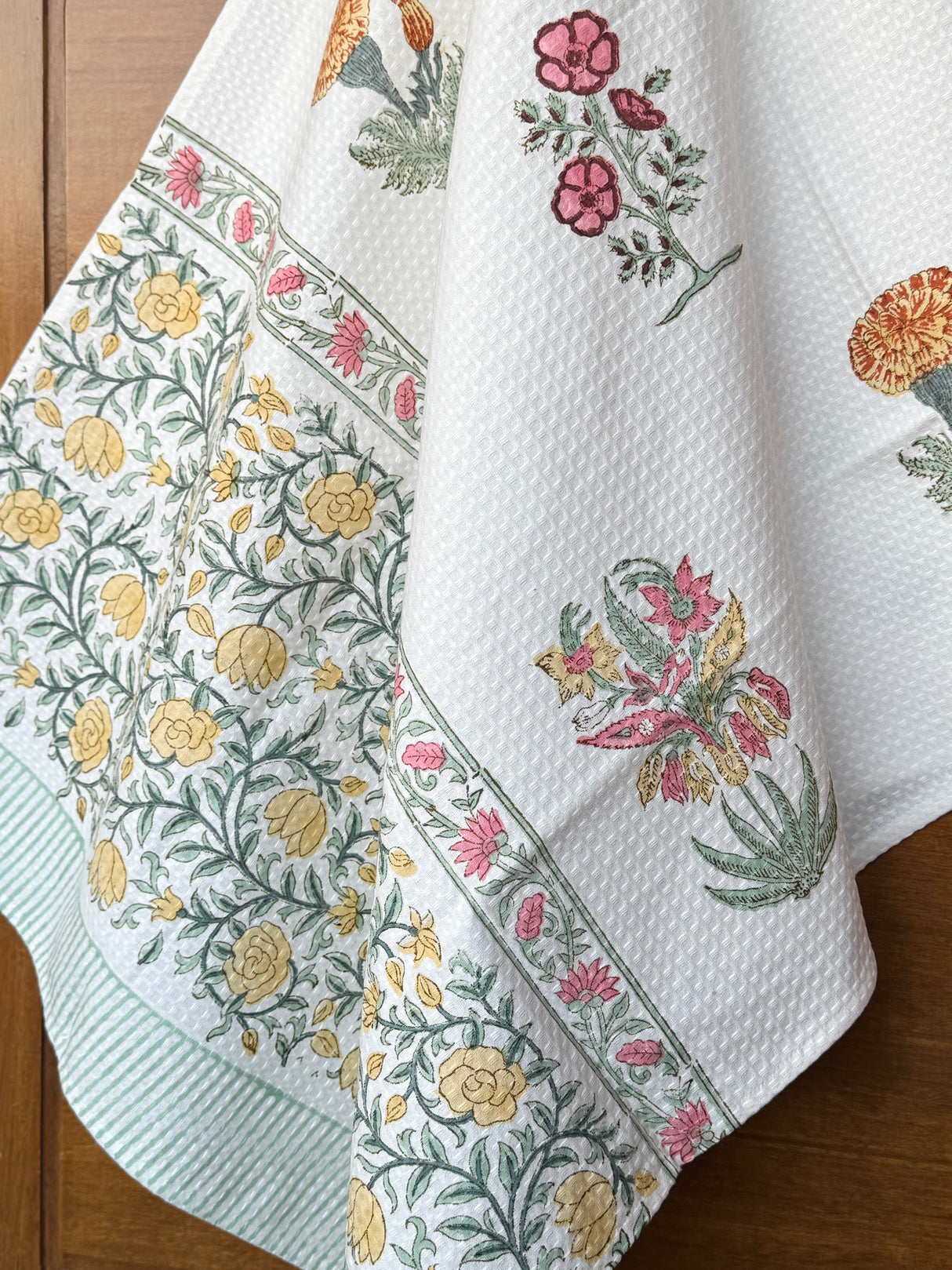 floral-blockprint-design-on-cotton-waffle-weave-towel