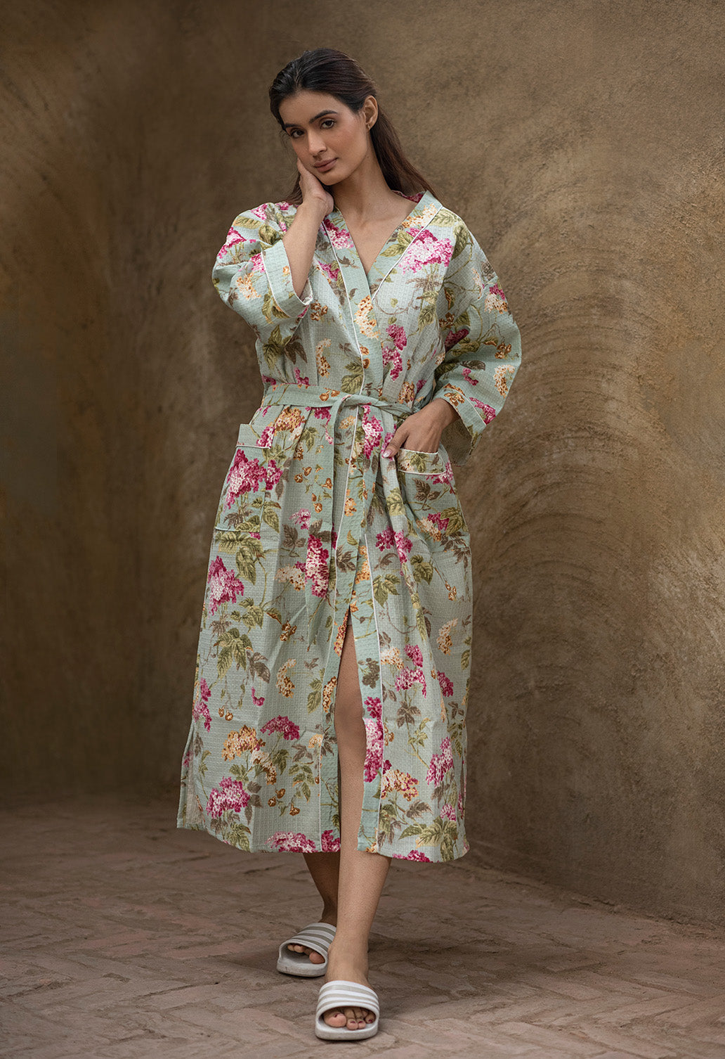 floral-earthy-green-cotton-waffle-bathrobe-back-view