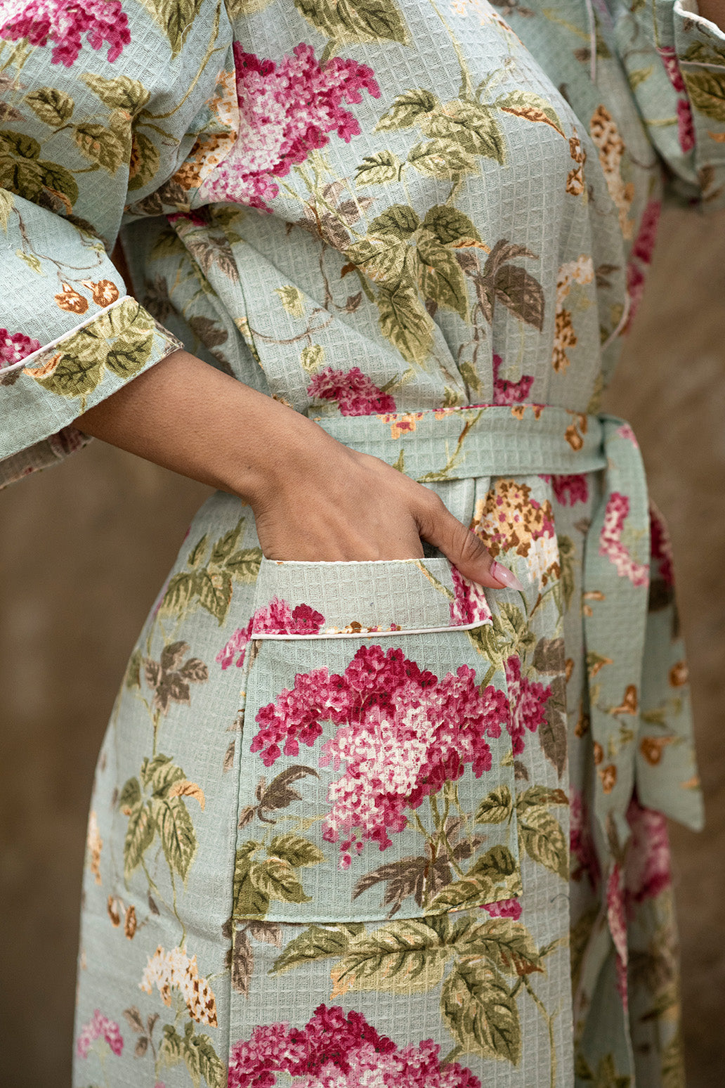 floral-earthy-green-cotton-waffle-bathrobe-detailed-view
