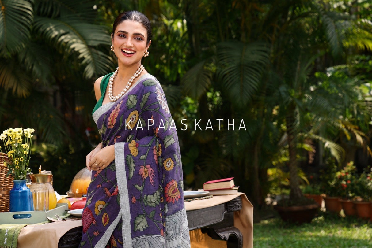 Floral Garden - Handloom Linen Kalamkari Saree