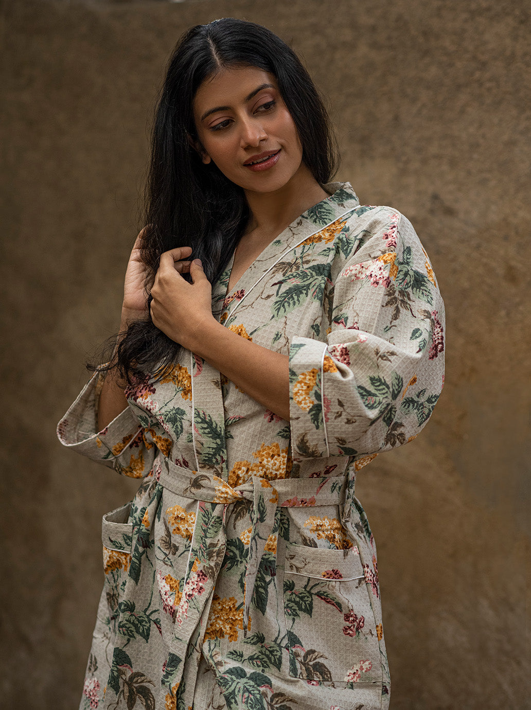 floral-grey-cotton-waffle-bathrobe-front-view