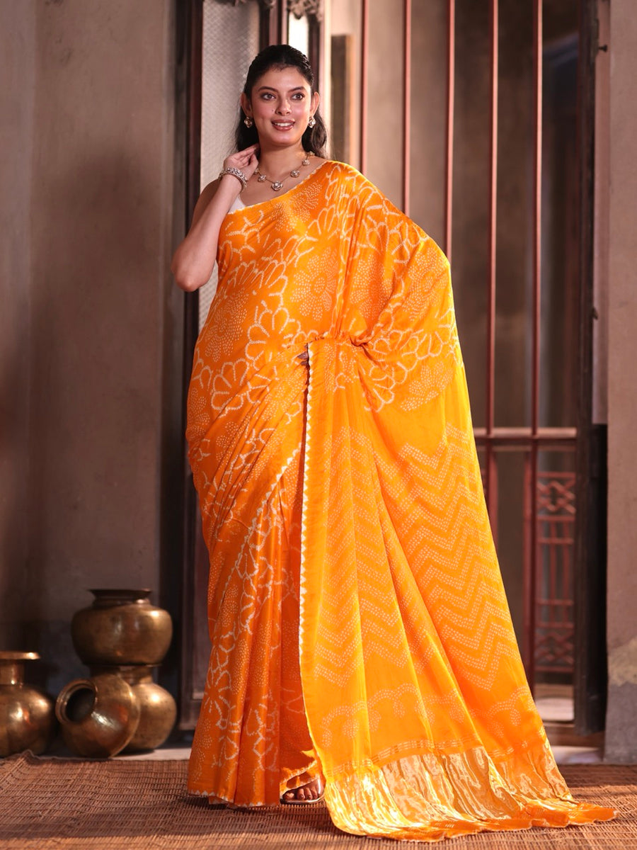 Floral Kesari Yellow Pure Gajji Silk Bandhani Saree – Kapaas Katha