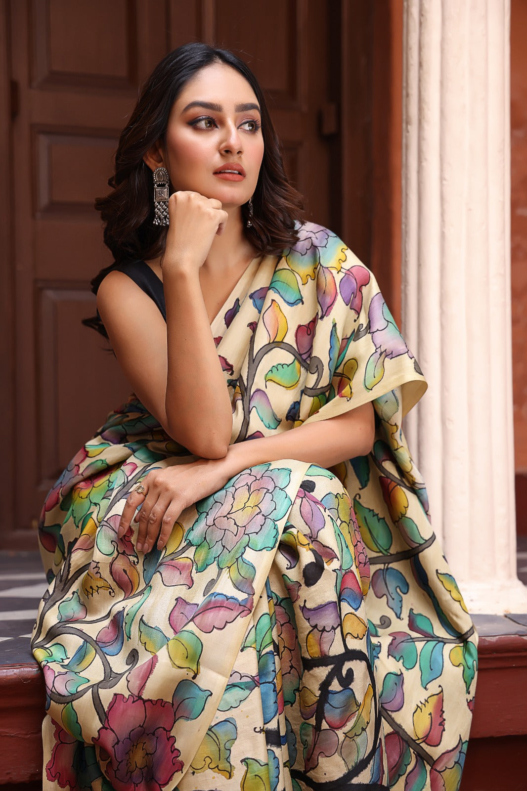 floral-pure-gajji-silk-kalamkari-saree-front-view