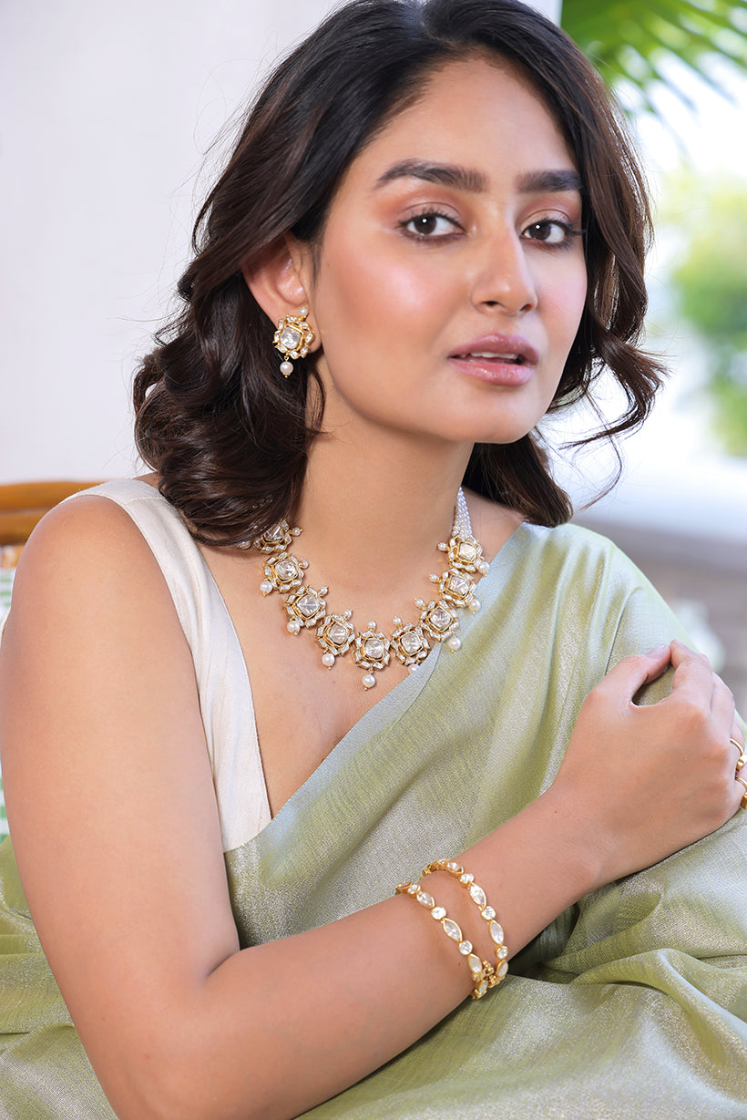 Lustrous Bloom - Timeless Floral Theme 925 Silver Necklace and Earrings