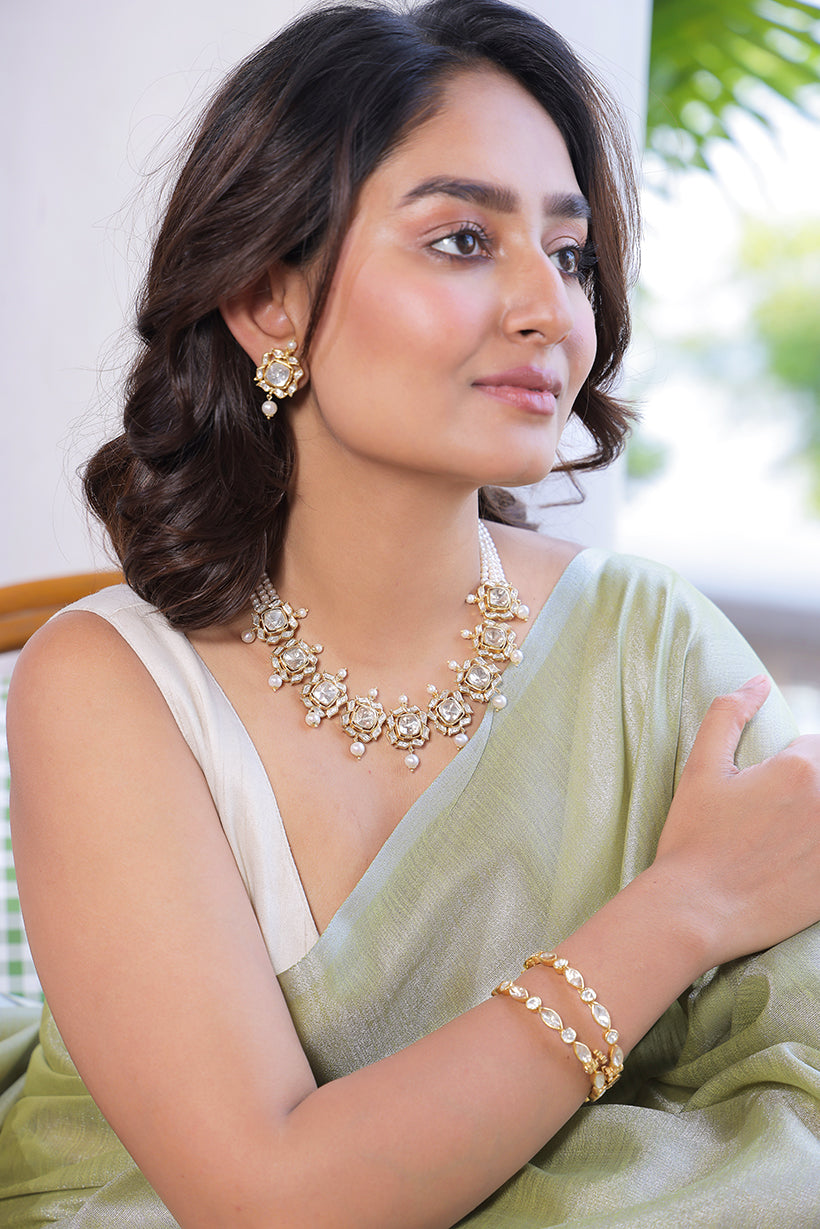 Lustrous Bloom - Timeless Floral Theme 925 Silver Necklace and Earrings