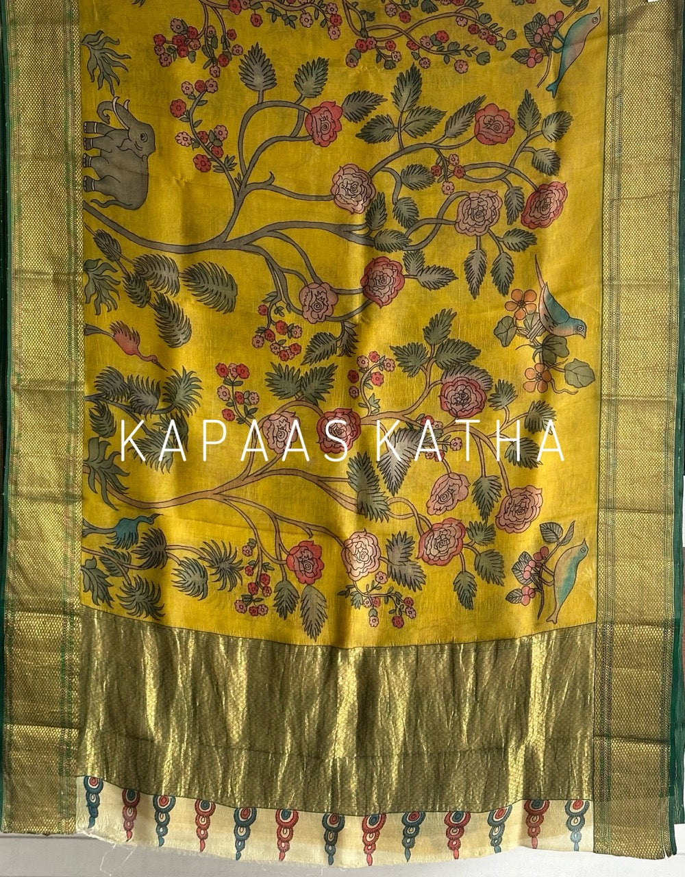 Floral theme Organza Silk Kalamkari Saree in Yellow Colour