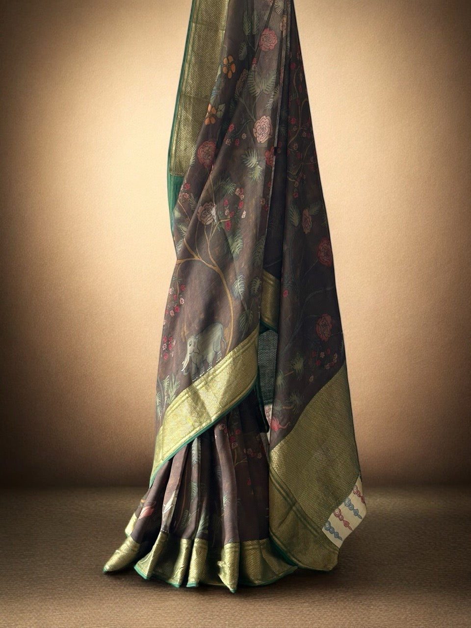floral-theme-organza-silk-kalamkari-saree-in-brown-colour