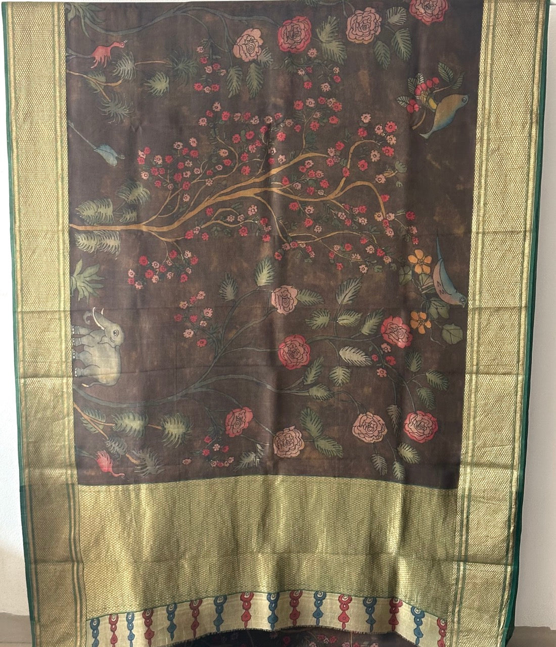 floral-theme-organza-silk-kalamkari-saree-in-brown-colour