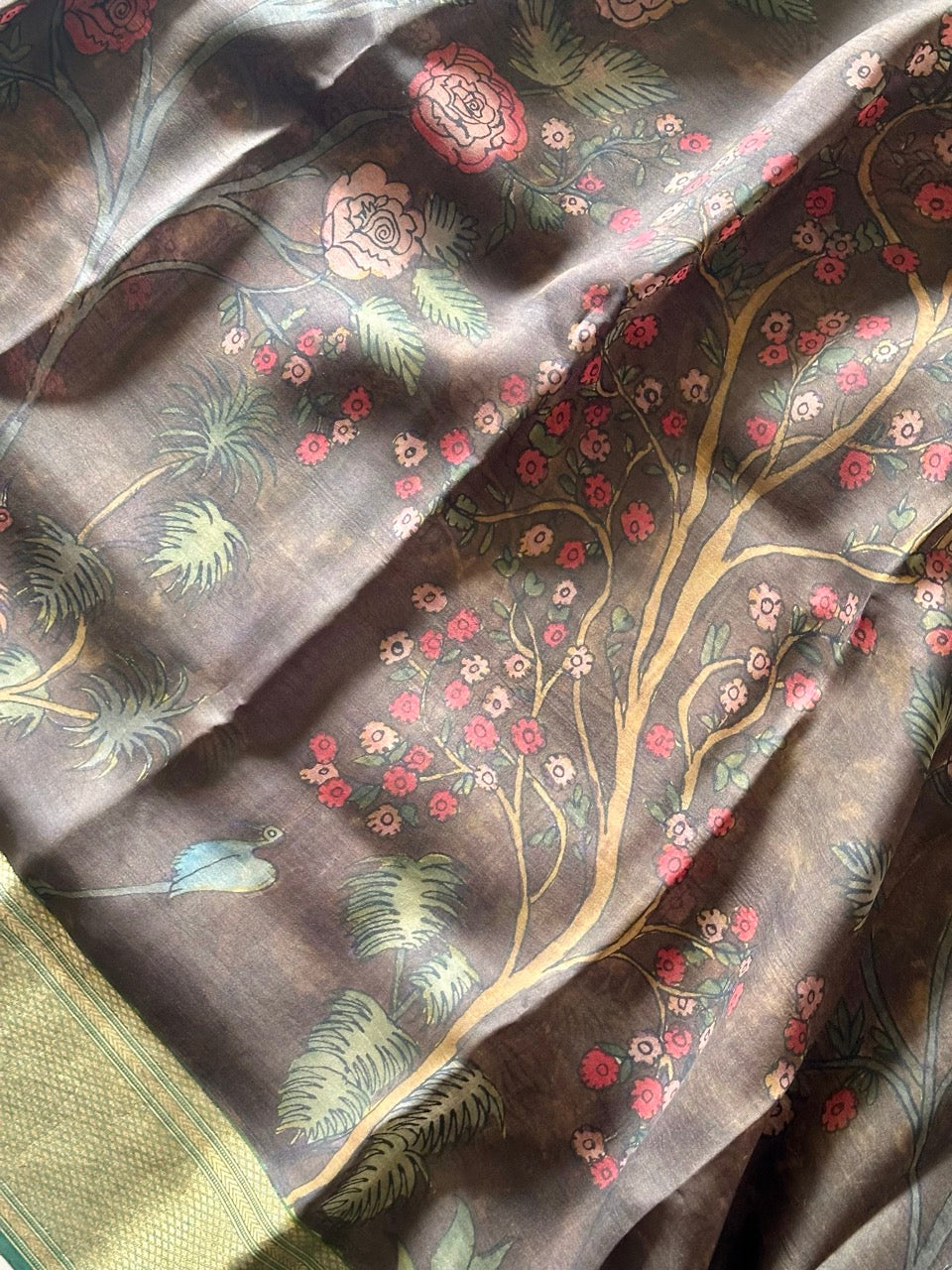 floral-theme-organza-silk-kalamkari-saree-in-brown-colour