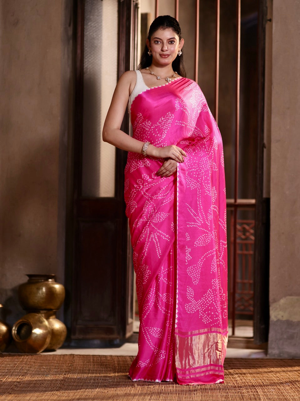 floral-theme-pink-pure-gajji-silk-bandhani-saree