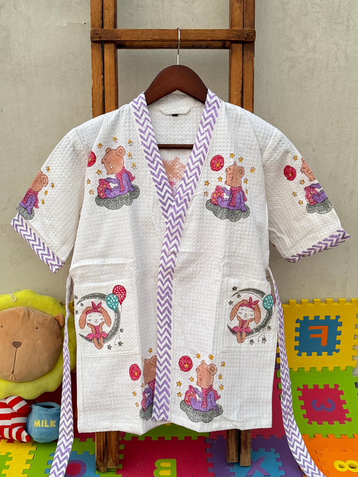 purple dreamland theme cotton bathrobe for girls handblock printed best-seller in India and abroad