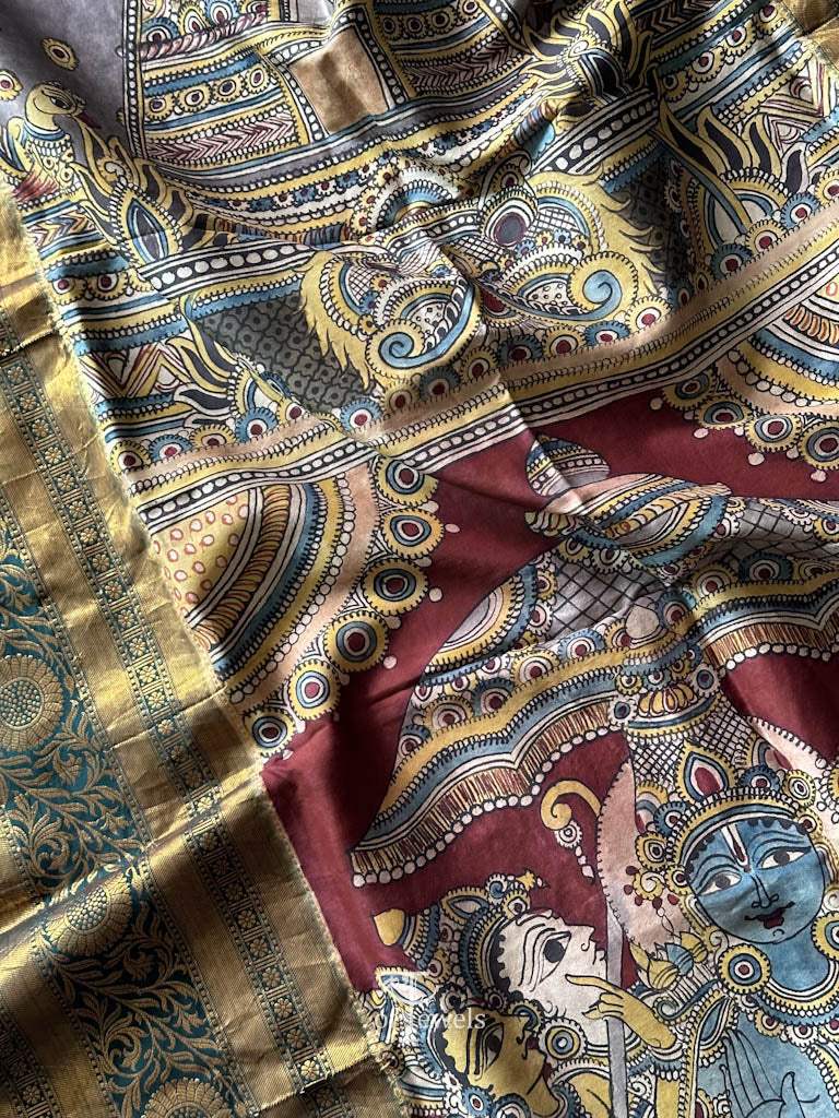 Lord Ram and Devi Sita Theme Handloom Kanchi Pattu Kalamkari Dupatta