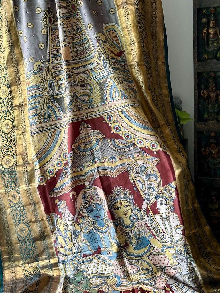 Lord Ram and Devi Sita Theme Handloom Kanchi Pattu Kalamkari Dupatta