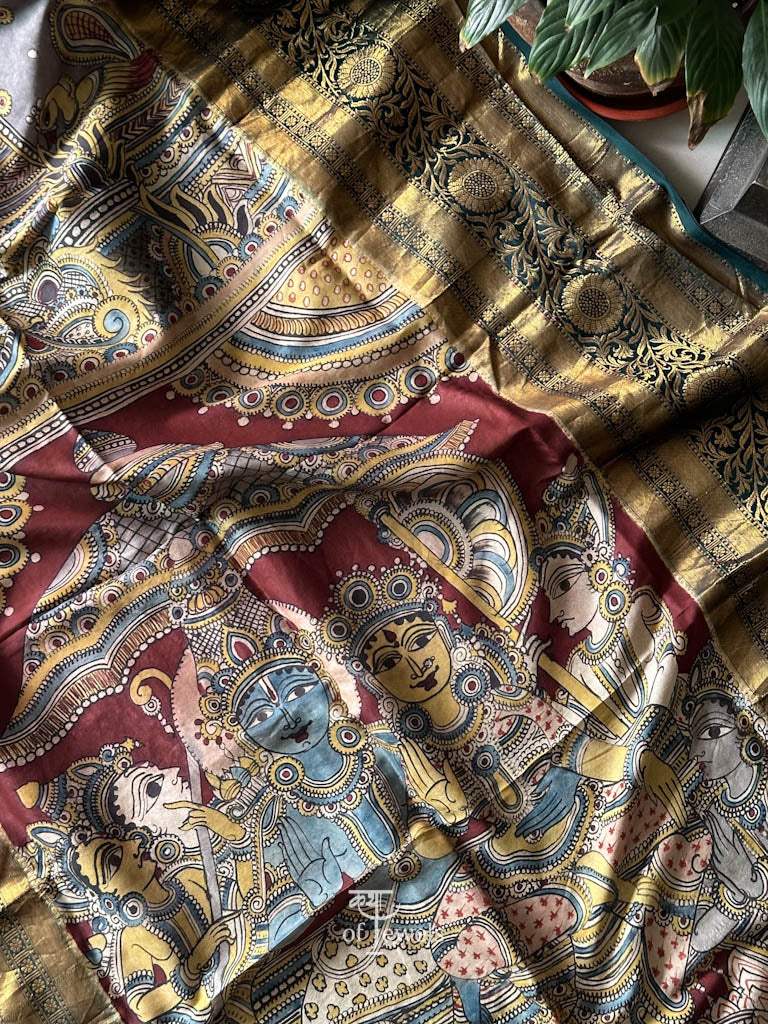 Lord Ram and Devi Sita Theme Handloom Kanchi Pattu Kalamkari Dupatta