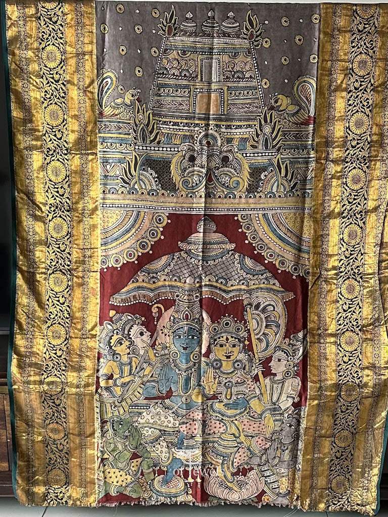 Lord Ram and Devi Sita Theme Handloom Kanchi Pattu Kalamkari Dupatta