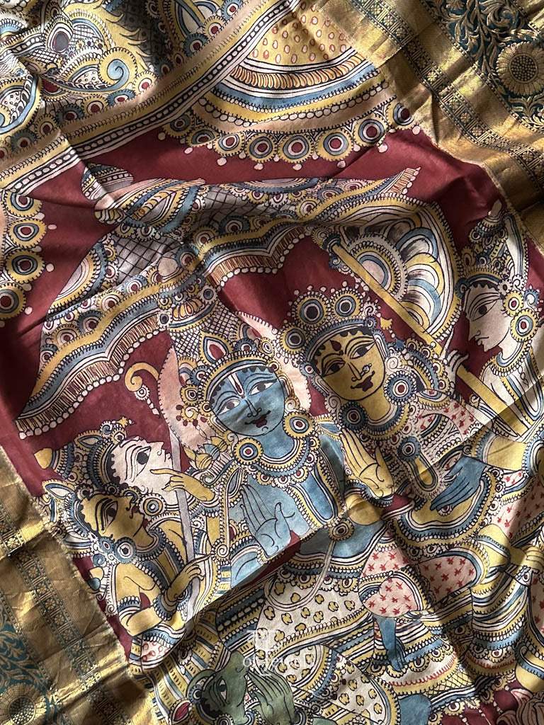Lord Ram and Devi Sita Theme Handloom Kanchi Pattu Kalamkari Dupatta
