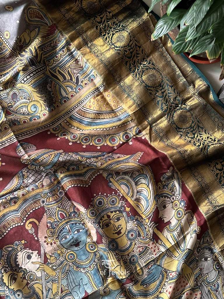Lord Ram and Devi Sita Theme Handloom Kanchi Pattu Kalamkari Dupatta