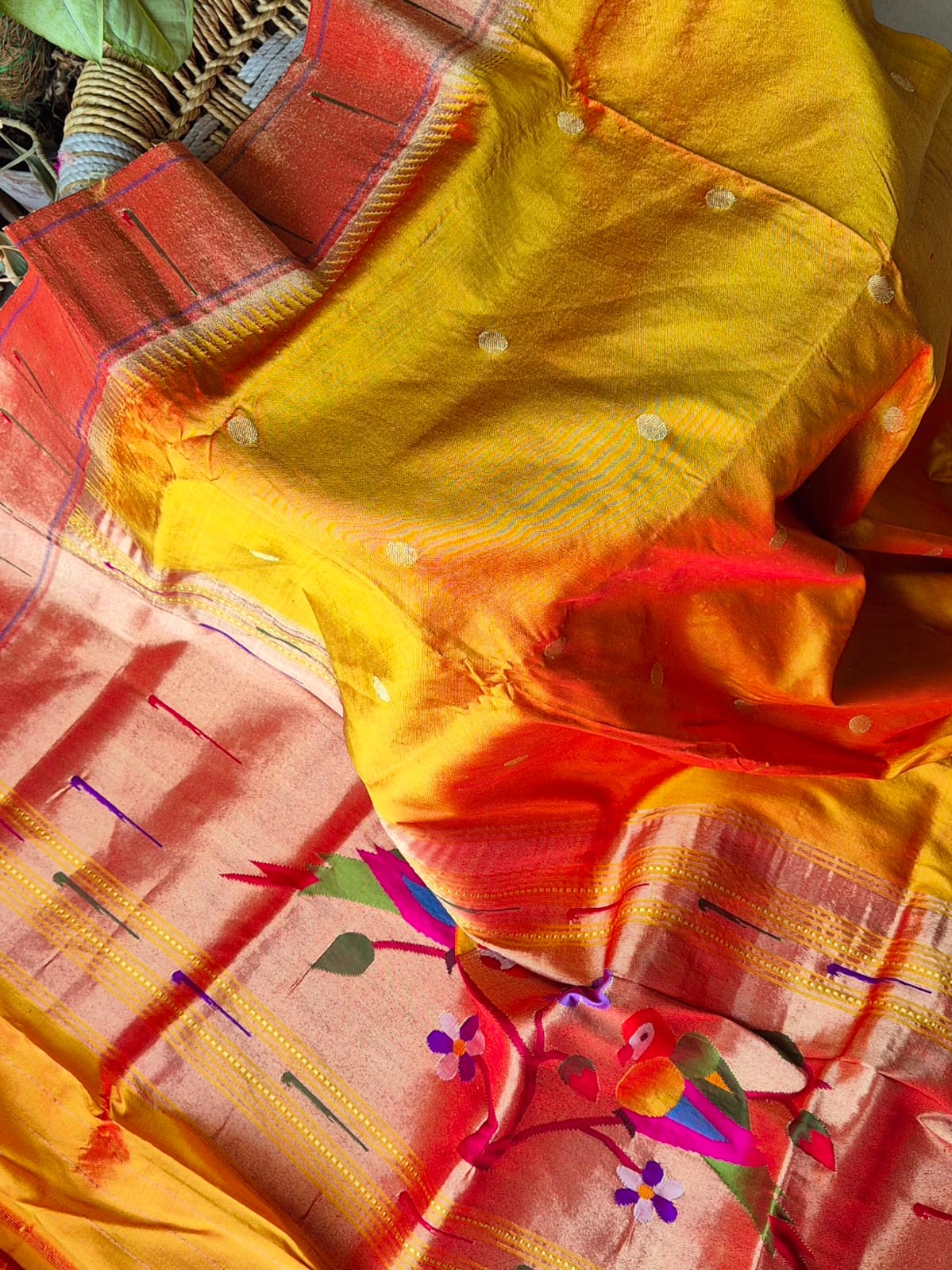 Golden Yellow Handloom Silk Paithani Dupatta with Single Muniya Border