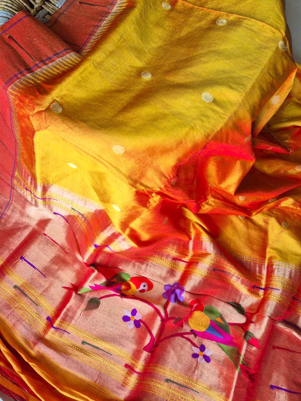 Golden Yellow Handloom Silk Paithani Dupatta with Single Muniya Border
