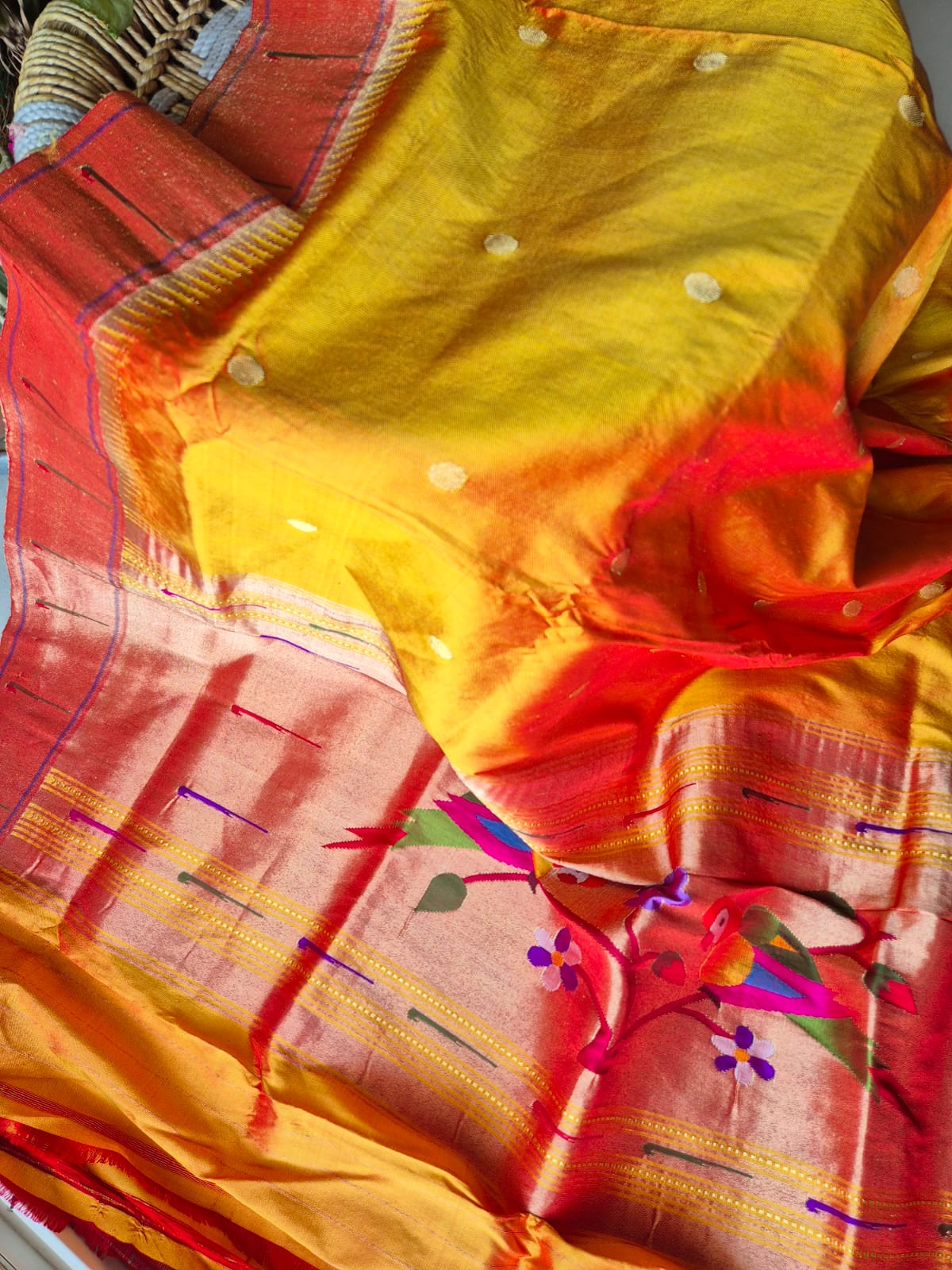 Golden Yellow Handloom Silk Paithani Dupatta with Single Muniya Border
