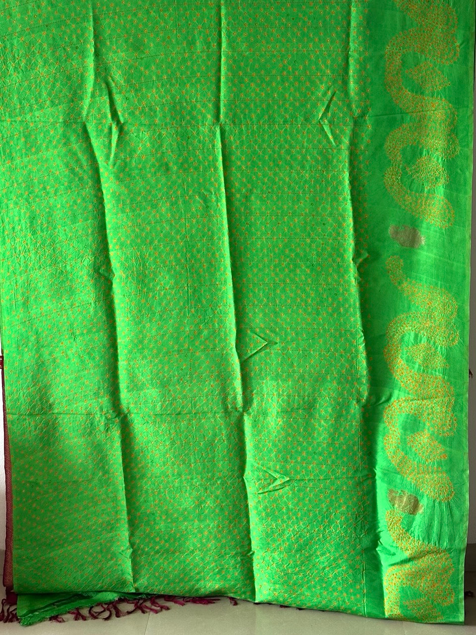 green-and-maroon-kanjivaram-silk-bandhani-saree-with-yellow-bandhej