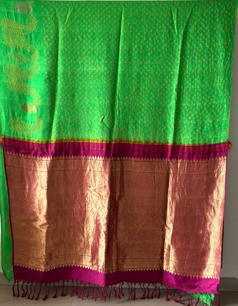 green-and-maroon-kanjivaram-silk-bandhani-saree-with-yellow-bandhej