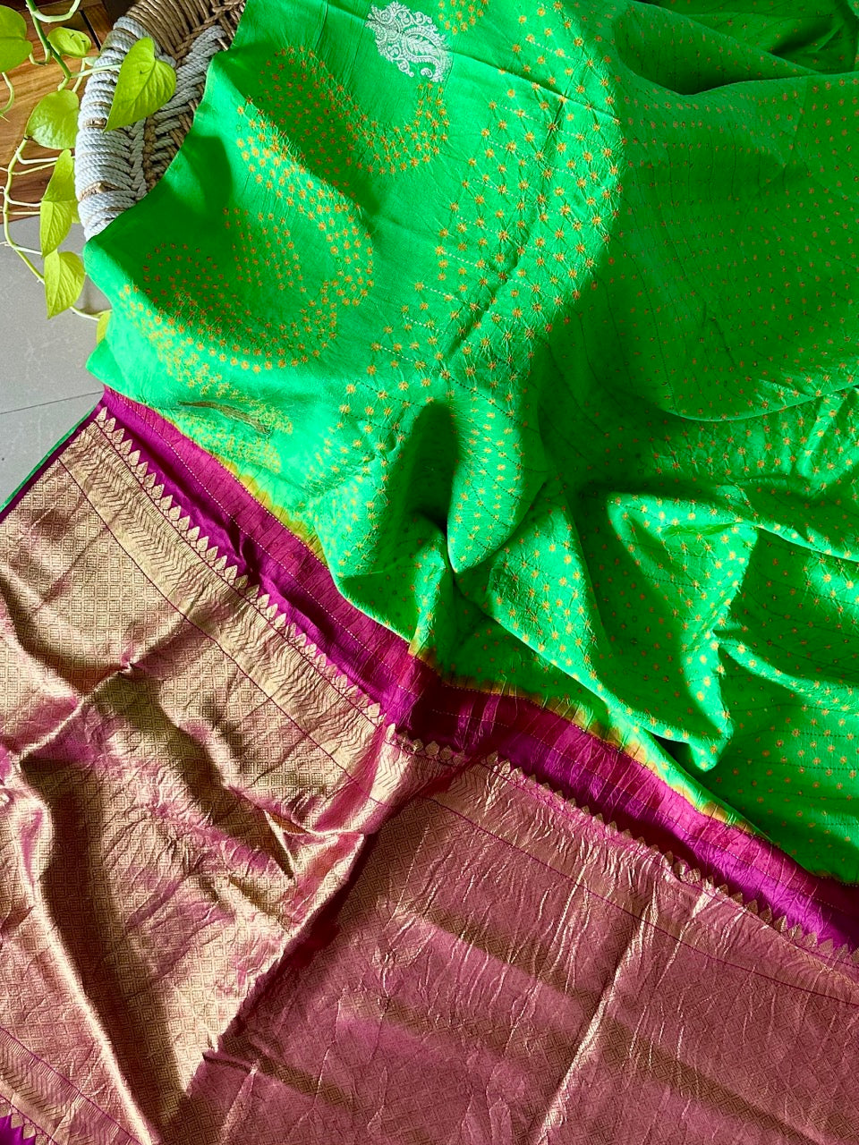 green-and-maroon-kanjivaram-silk-bandhani-saree-with-yellow-bandhej