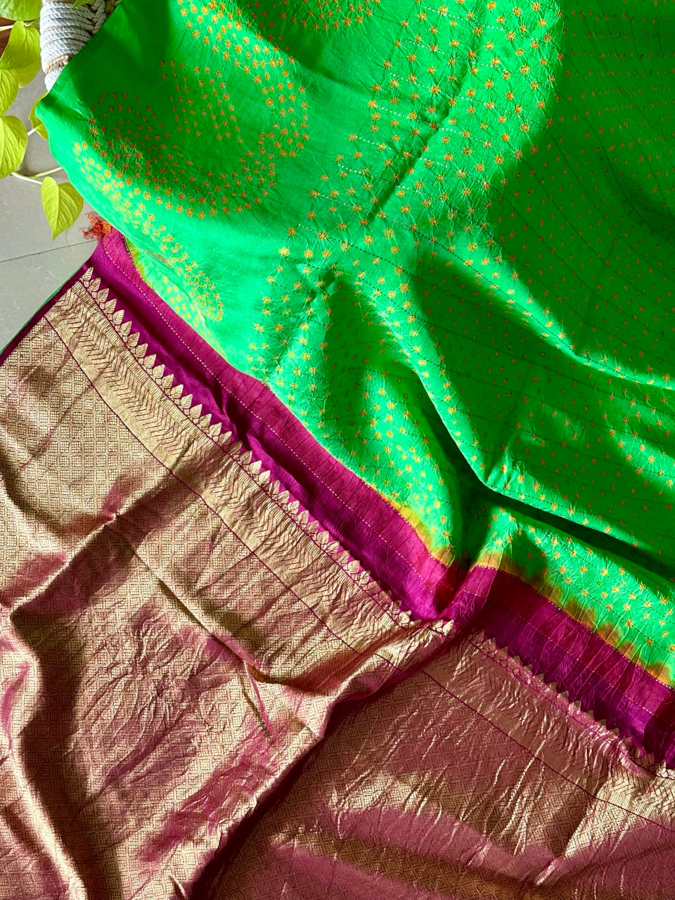 green-and-maroon-kanjivaram-silk-bandhani-saree-with-yellow-bandhej