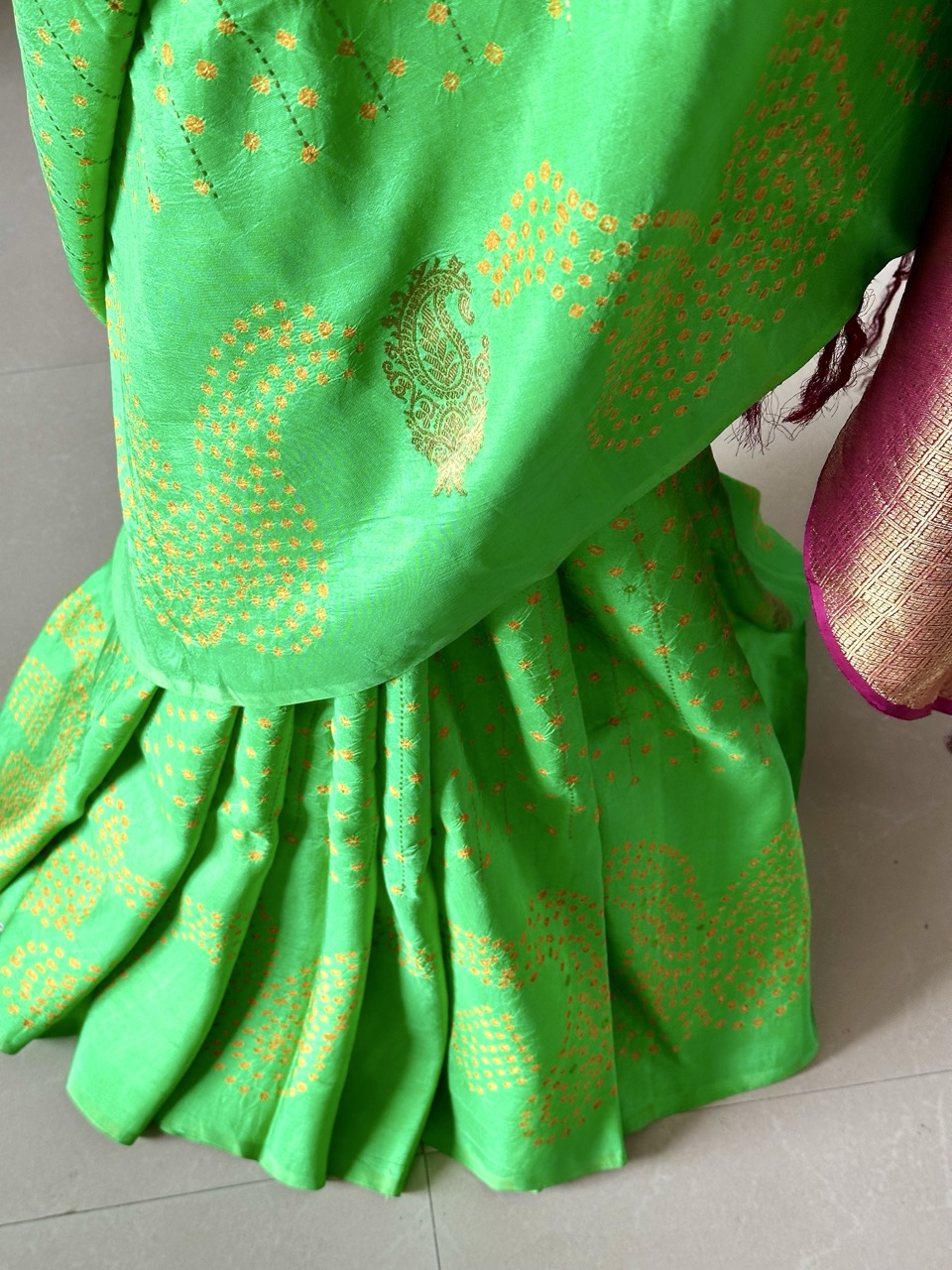 green-and-maroon-kanjivaram-silk-bandhani-saree-with-yellow-bandhej